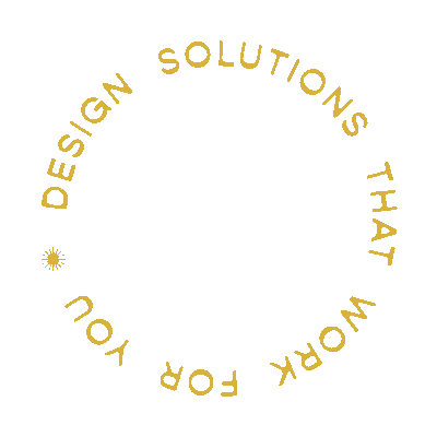 Yellow square with white circular text reading "Design Solutions that work for you * on a solid yellow background.